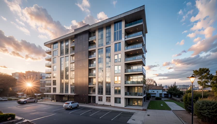  A high resolution photograph of a modern Apartment Building, blue bright sky and clouds, fair face concrete, concrete, architecture, trees, grass floor, lush greenery surrounding, a spacious and inviting appearance, visible interior lighting, warm and welcoming ambiance, captured by a Canon EOS 5D Mark IV camera + Canon EF 16 35 mm f/2.8L II USM lens, wide angle perspective, architectural beauty, golden hour of a summer evening, black and white painting facade, neoclassic style