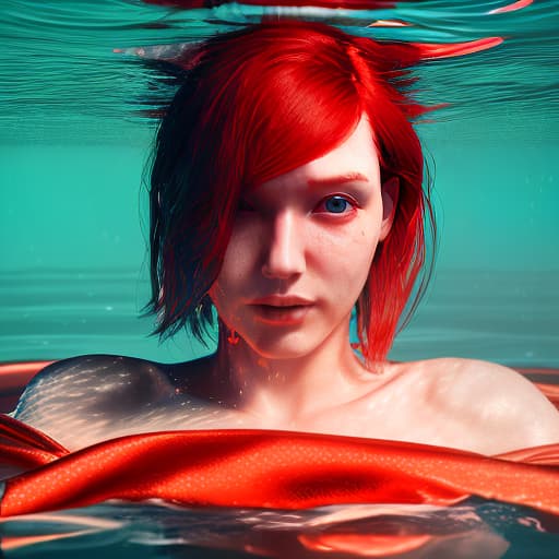 redshift style woman under water with short orange hair no reaction wearing red robe without anything else