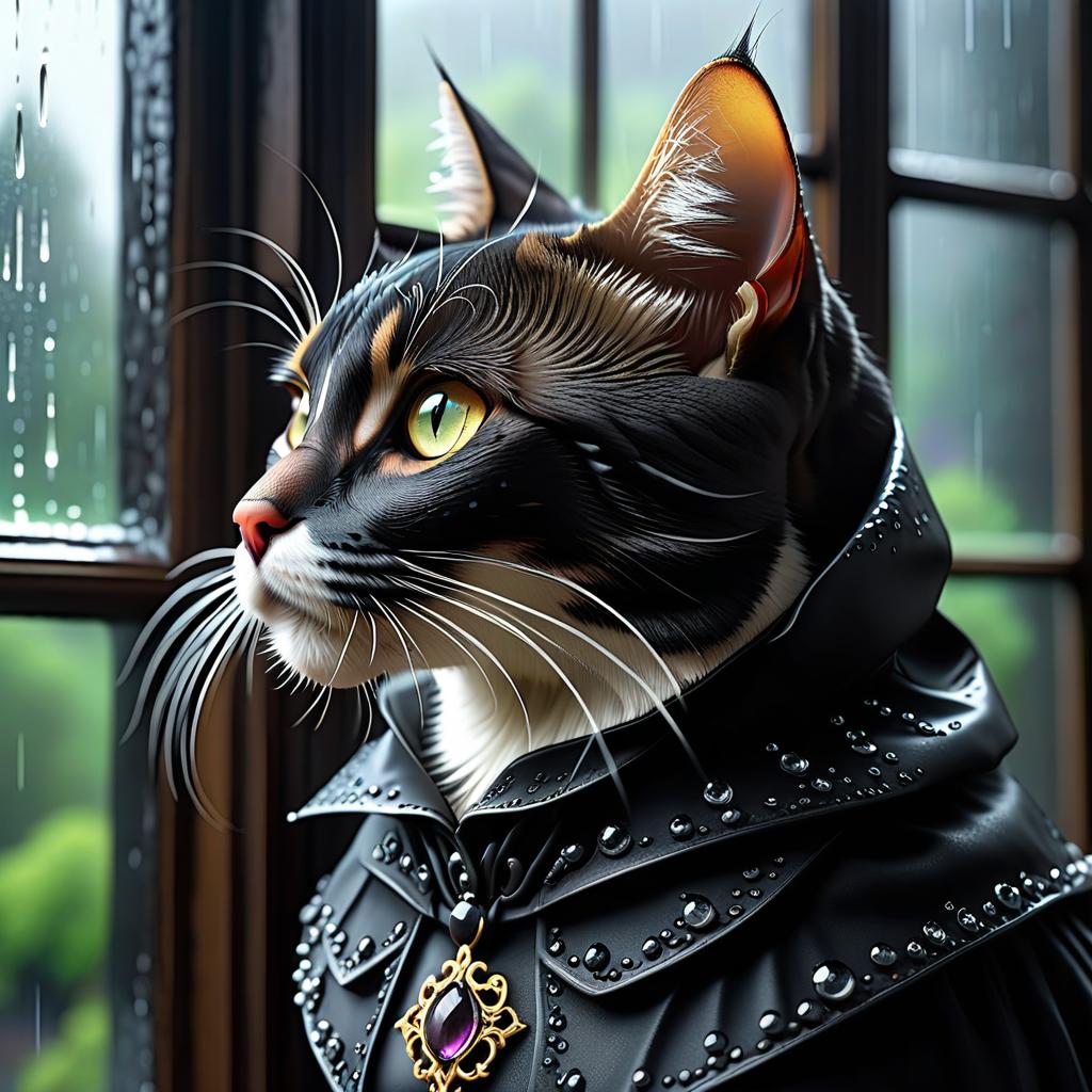  gothic style A cat looks out of the window, rain is falling behind the window, drops of rain slide down the glass. . dark, mysterious, haunting, dramatic, ornate, detailed hyperrealistic, full body, detailed clothing, highly detailed, cinematic lighting, stunningly beautiful, intricate, sharp focus, f/1. 8, 85mm, (centered image composition), (professionally color graded), ((bright soft diffused light)), volumetric fog, trending on instagram, trending on tumblr, HDR 4K, 8K