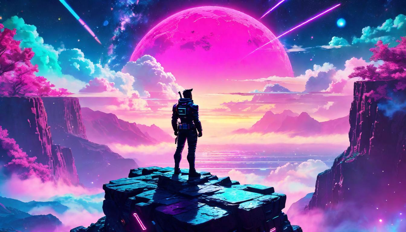  vaporwave,cyberpunk game style A figure standing at the edge of a cliff, looking towards the sky filled with stars and nebulae, represents a moment of contemplation and readiness for growth, aspirational, expansiveeon, dystopian, futuristic, digital, vibrant, detailed, high contrast, reminiscent of cyberpunk genre video games,retro aesthetic, cyberpunk, vibrant, neon colors, vintage 80s and 90s style, highly detailed