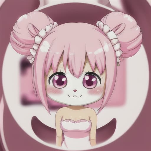  pink. furry. twin bun hair. girl. chibi. cute. kawaii. background cute cosmetics. blurred blush painting. smile cute.