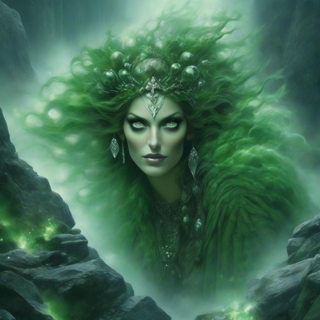  horror themed Goddess of the earth, mistress of the mountain, spirit of the land, beautiful woman soars over stones, chestnut hair, green eyes, a smile, a headdress of green jewels in her hair, her face enlarged, mist and rocks, mysticism. . eerie, unsettling, dark, spooky, suspenseful, grim, highly detailed hyperrealistic, full body, detailed clothing, highly detailed, cinematic lighting, stunningly beautiful, intricate, sharp focus, f/1. 8, 85mm, (centered image composition), (professionally color graded), ((bright soft diffused light)), volumetric fog, trending on instagram, trending on tumblr, HDR 4K, 8K