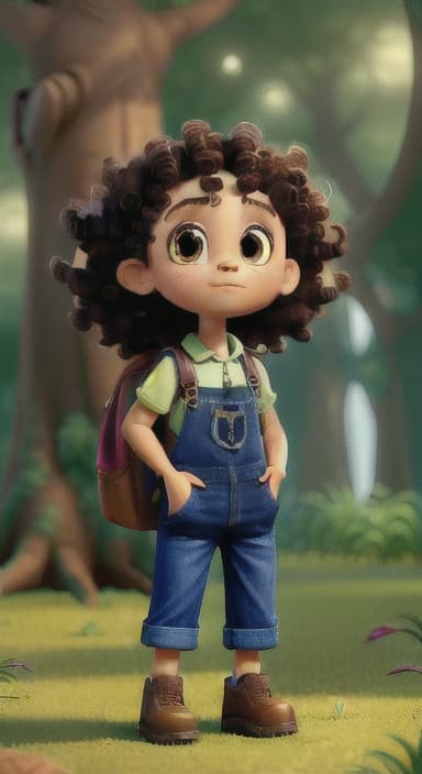  {The tree with a twinkling eye, while its leaves gently rustle., Riley, a curious with big brown eyes and curly hair, wearing overalls and carrying a small backpack. Their friend, Skye, a bluebird with shiny feathers.