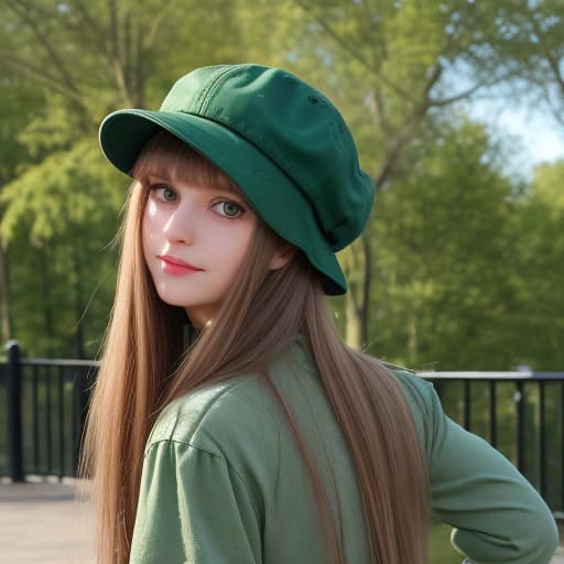  1 , solo, long_hair, s, looking_at_viewer, blush, bangs, large_s, , long_sleeves, hat, age, green_eyes, standing, , outdoors, split_lips, green_hair, sky, shorts, day, belt, black_ , shorts, green hat, stand-up collar, green cap, green shorts, building