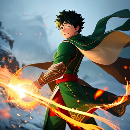  izuku midoriya as a fire bender in atla hyperrealistic, full body, detailed clothing, highly detailed, cinematic lighting, stunningly beautiful, intricate, sharp focus, f/1. 8, 85mm, (centered image composition), (professionally color graded), ((bright soft diffused light)), volumetric fog, trending on instagram, trending on tumblr, HDR 4K, 8K