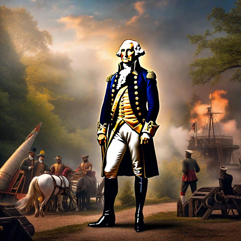  george washington on a rocket hyperrealistic, full body, detailed clothing, highly detailed, cinematic lighting, stunningly beautiful, intricate, sharp focus, f/1. 8, 85mm, (centered image composition), (professionally color graded), ((bright soft diffused light)), volumetric fog, trending on instagram, trending on tumblr, HDR 4K, 8K