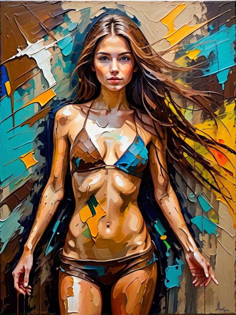  abstract expressionist painting texture HDR photo of girl in full growth, front view, Without clothing, small, realistic skin texture, long brown hair, without, extremely detailed, posing for the camera, full length photo . energetic brushwork, bold colors, abstract forms, expressive, emotional