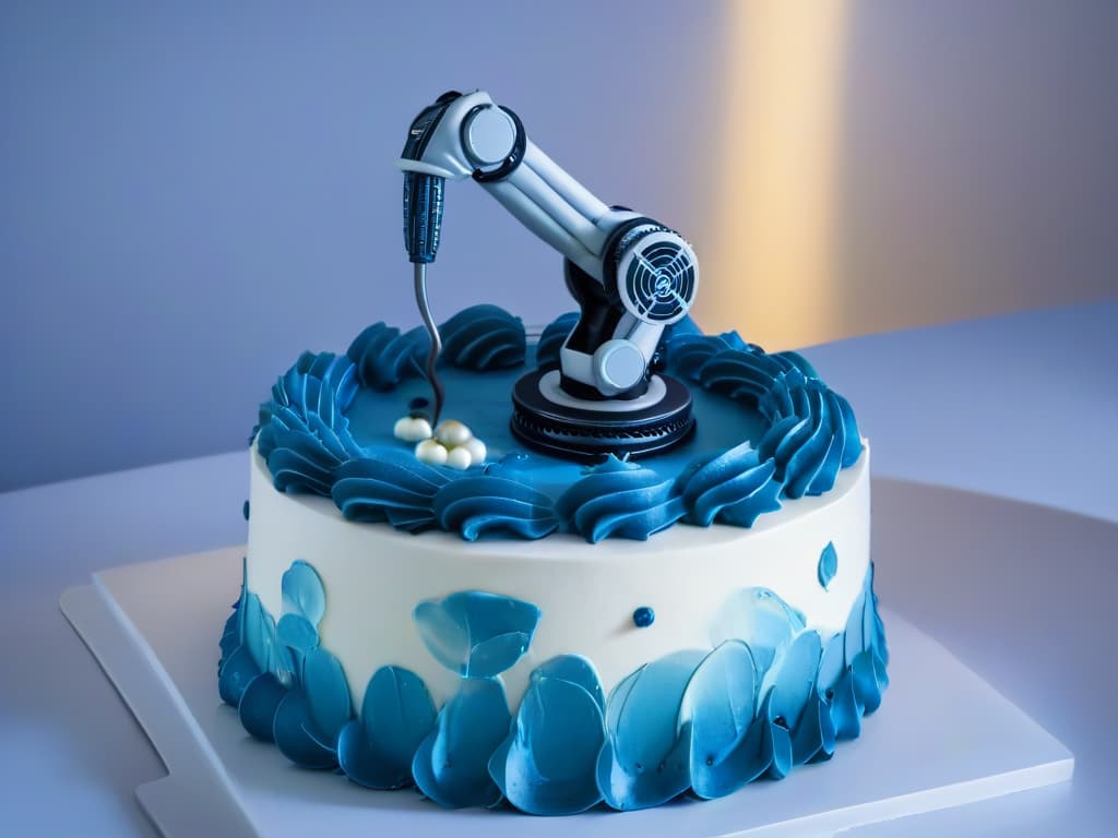  A sleek, minimalistic image of a futuristic robotic arm delicately piping intricate designs on a perfectly crafted cake, showcasing precision and innovation in pastrymaking technology. The metallic arm is gleaming under soft lighting, with the backdrop blurred to highlight the focus on the robotic arm and the artistry it is creating on the cake. The image exudes a sense of advanced technology seamlessly integrated into the world of culinary arts, symbolizing the cuttingedge advancements in robotics within the realm of pastry. hyperrealistic, full body, detailed clothing, highly detailed, cinematic lighting, stunningly beautiful, intricate, sharp focus, f/1. 8, 85mm, (centered image composition), (professionally color graded), ((bright soft diffused light)), volumetric fog, trending on instagram, trending on tumblr, HDR 4K, 8K