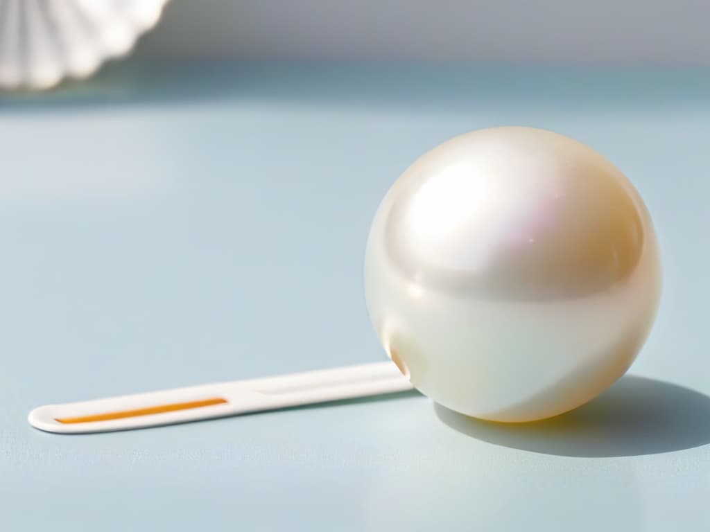  A closeup, ultradetailed image of a single perfectly spherical, translucent pearl of flavor balanced delicately on a pristine white spoon. The pearl is glistening under a soft, focused light, showcasing its smooth surface and capturing the intricate details of its creation. The background is a subtle gradient that subtly highlights the pearl, emphasizing its elegance and artistry in a minimalistic style. hyperrealistic, full body, detailed clothing, highly detailed, cinematic lighting, stunningly beautiful, intricate, sharp focus, f/1. 8, 85mm, (centered image composition), (professionally color graded), ((bright soft diffused light)), volumetric fog, trending on instagram, trending on tumblr, HDR 4K, 8K