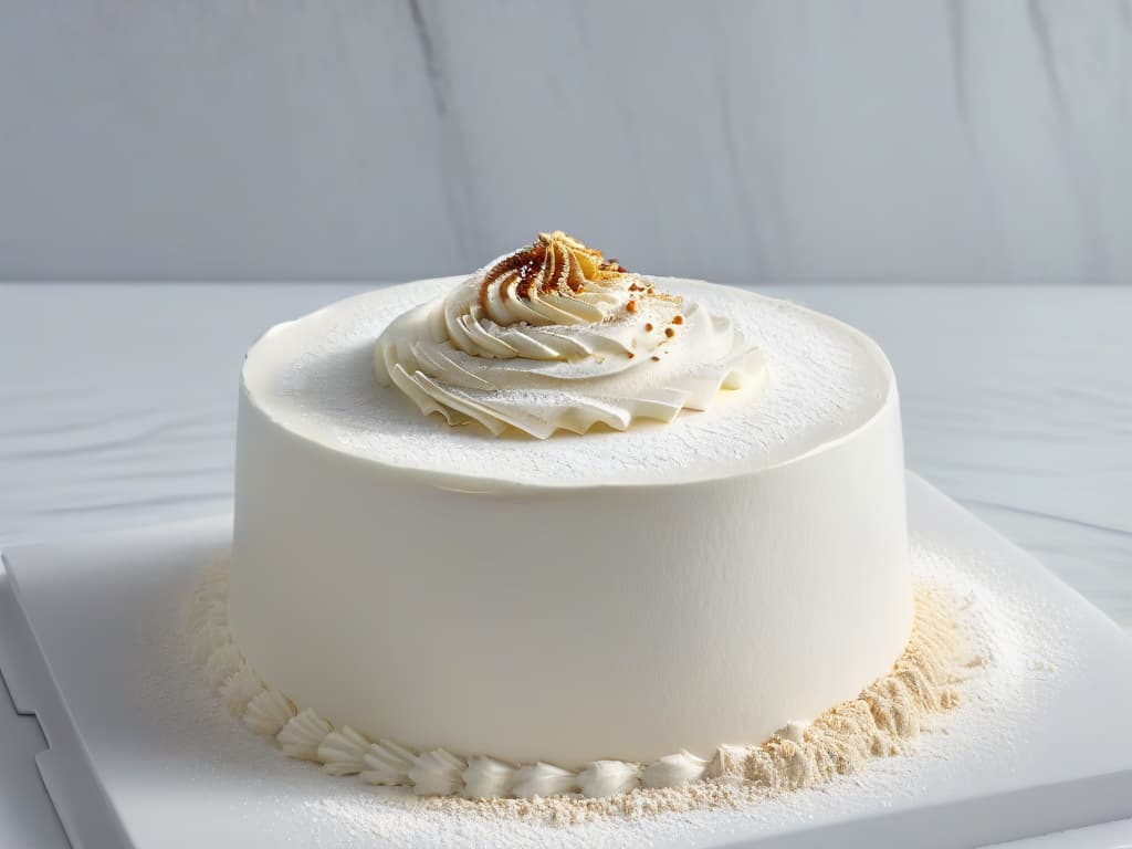  A closeup, ultrahighresolution image of a perfectly sifted mound of premium cake flour, gently cascading onto a sleek marble countertop. The flour appears airy and light, with tiny particles suspended in the air, creating a soft, ethereal effect. The marble surface is pristine, with subtle veining adding a touch of elegance to the composition. Light streams in from the side, casting gentle shadows and highlighting the delicate texture of the flour. The overall aesthetic is clean, modern, and sophisticated, perfect for a premium baking article. hyperrealistic, full body, detailed clothing, highly detailed, cinematic lighting, stunningly beautiful, intricate, sharp focus, f/1. 8, 85mm, (centered image composition), (professionally color graded), ((bright soft diffused light)), volumetric fog, trending on instagram, trending on tumblr, HDR 4K, 8K