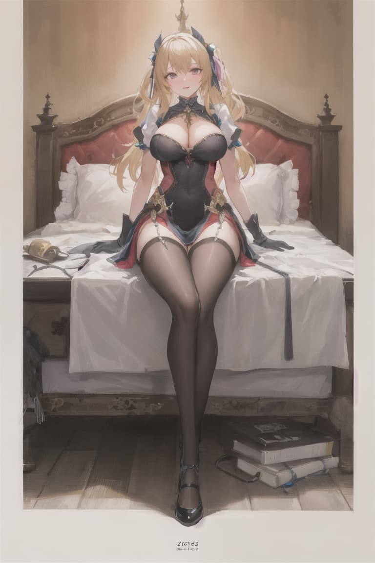 ((((masterpiece)))), best quality, very_high_resolution, ultra-detailed, in-frame, blond, woman,, clothing, bed, tall, curvaceous body,, attractive, sensual, alluring,, glamorous, statuesque, hourglass figure, luscious curves, provocative, confident, radiant, graceful