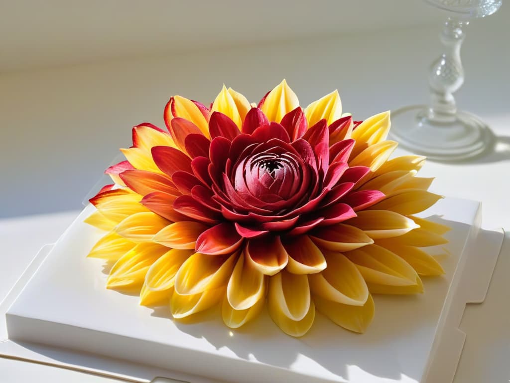  An intricate and delicate gelatin flower arrangement featuring vibrant colors such as deep reds, bright yellows, and soft pinks, set against a clean, white background. The flowers appear almost lifelike, with intricate details on each petal and a glossy finish that makes them look freshly picked. The arrangement is elegantly presented on a simple, modern platter, showcasing the artistry and precision that goes into creating this visually stunning dessert. hyperrealistic, full body, detailed clothing, highly detailed, cinematic lighting, stunningly beautiful, intricate, sharp focus, f/1. 8, 85mm, (centered image composition), (professionally color graded), ((bright soft diffused light)), volumetric fog, trending on instagram, trending on tumblr, HDR 4K, 8K