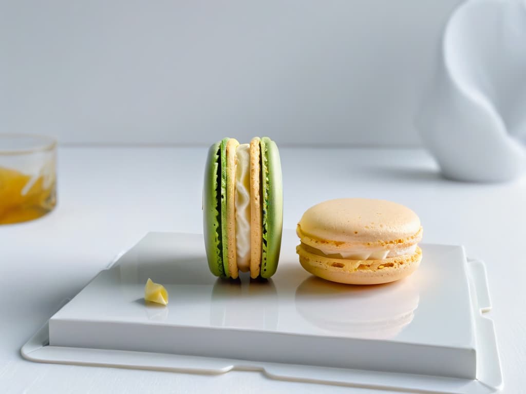  A closeup, ultradetailed image of a perfectly baked pastelcolored macaron resting on a sleek, minimalist white plate. The macaron's delicate, smooth surface shines under soft, natural lighting, showcasing its crisp outer shell and airy, chewy interior. The pastel hues of the macaron create a visually striking contrast against the pristine white backdrop, exuding an air of elegance and sophistication. hyperrealistic, full body, detailed clothing, highly detailed, cinematic lighting, stunningly beautiful, intricate, sharp focus, f/1. 8, 85mm, (centered image composition), (professionally color graded), ((bright soft diffused light)), volumetric fog, trending on instagram, trending on tumblr, HDR 4K, 8K