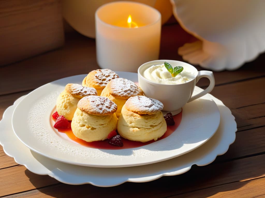  An ultradetailed image of a simple, elegant white plate with two freshly baked scones placed on it. The scones are golden brown, slightly crumbly on the outside, and appear to be still warm. A light dusting of powdered sugar is delicately sprinkled on top, and a dollop of clotted cream and a spoonful of strawberry jam sit beside them. The plate is set on a rustic wooden table, with a vintage teacup and saucer in the background, filled with steaming hot tea. The sunlight gently filters in, casting a soft, warm glow on the scene, creating a serene and inviting atmosphere for a traditional British afternoon tea. hyperrealistic, full body, detailed clothing, highly detailed, cinematic lighting, stunningly beautiful, intricate, sharp focus, f/1. 8, 85mm, (centered image composition), (professionally color graded), ((bright soft diffused light)), volumetric fog, trending on instagram, trending on tumblr, HDR 4K, 8K