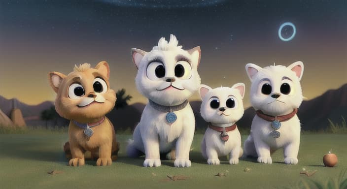  {Coco, Max, and Snowball looking up at the stars with twinkling eyes and wagging tails., Coco, Max, and Snowball are forever friends, ready for new adventures each day.