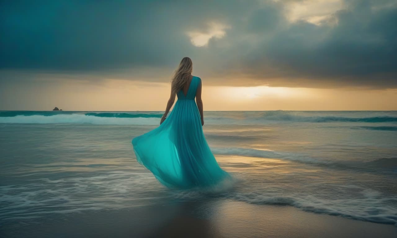  cinematic film still Evening sky with clouds, turquoise sea with small waves, a girl with long light hair comes out of the water closer to the shore, her white blue long voluminous dress merges with the water, there are stones and sand on the edges of the image, high realism, as in a photo. . shallow depth of field, vignette, highly detailed, high budget, bokeh, cinemascope, moody, epic, gorgeous, film grain, grainy hyperrealistic, full body, detailed clothing, highly detailed, cinematic lighting, stunningly beautiful, intricate, sharp focus, f/1. 8, 85mm, (centered image composition), (professionally color graded), ((bright soft diffused light)), volumetric fog, trending on instagram, trending on tumblr, HDR 4K, 8K