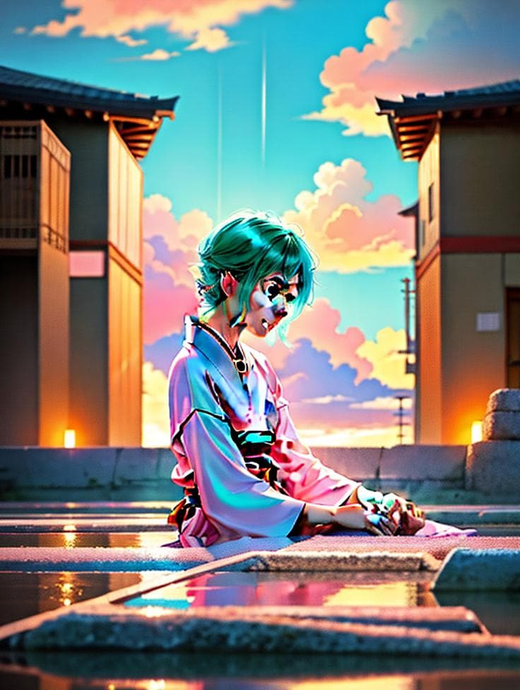 modern japanese anime style, vivid colors, soft gradients, glowing lighting, cinematic atmosphere, beautiful sky and reflections