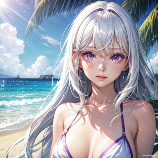  realistic, 1girl, white hair, purple eyes, bikini, beach, light particles, light rays, wallpaper