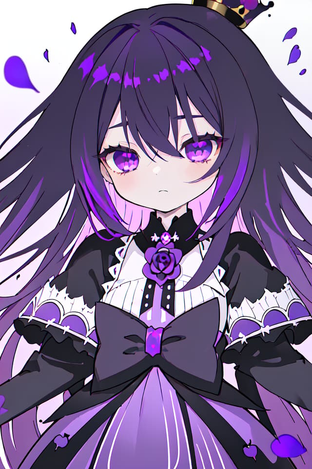  high quality,detailed,ultra detailed,hyper detailed,insanely detailed,highres,absurdres,a ,queen,icon,sleepy,looking at viewer,long hair,hime cut,black hair,colored inner hair,purple hair,purple eyes,jitome,fair skin,,short,slim,gothic ta,crown,gradient purple background,gradient white background,gothic atmosphere,cute,fantasy,upper body,from front,purple rose