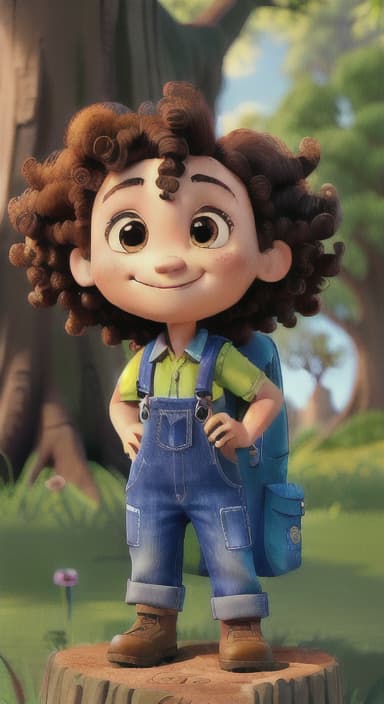  {The tree with a smiling face formed by its bark, looking down at Riley., Riley, a curious with big brown eyes and curly hair, wearing overalls and carrying a small backpack. Their friend, Skye, a bluebird with shiny feathers.