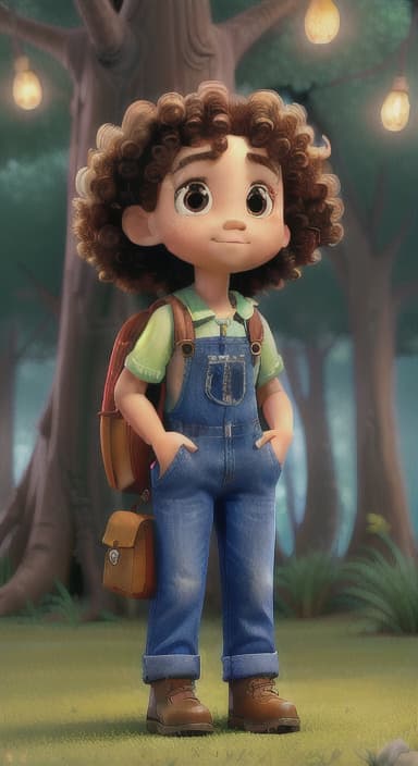  {The tree shining brightly and releasing a gentle, magical light., Riley, a curious with big brown eyes and curly hair, wearing overalls and carrying a small backpack. Their friend, Skye, a bluebird with shiny feathers.