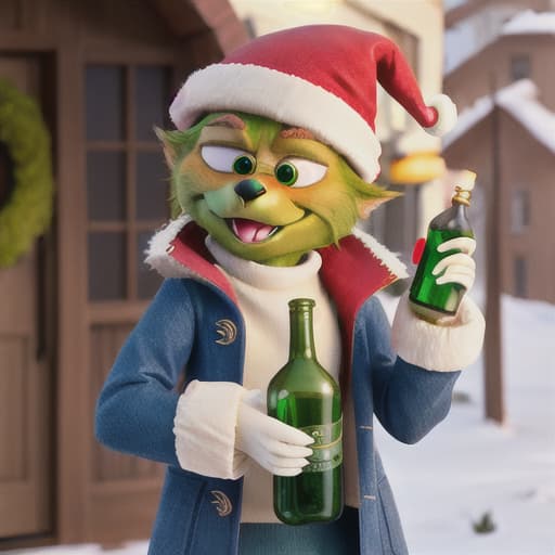  extra furry grinch wearing a carhart coat drinking a bottle of butlight