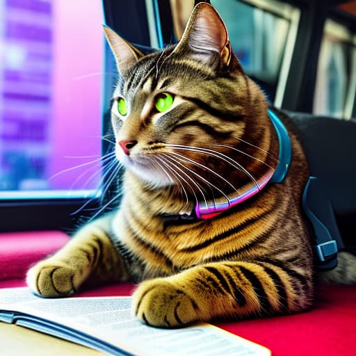 nvinkpunk Realistic image of a cat wearing headphones and reading glasses while riding a bus. hyperrealistic, full body, detailed clothing, highly detailed, cinematic lighting, stunningly beautiful, intricate, sharp focus, f/1. 8, 85mm, (centered image composition), (professionally color graded), ((bright soft diffused light)), volumetric fog, trending on instagram, trending on tumblr, HDR 4K, 8K