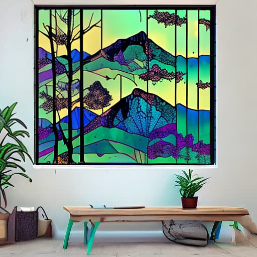 nvinkpunk Whimsical trees with mountains stain glass