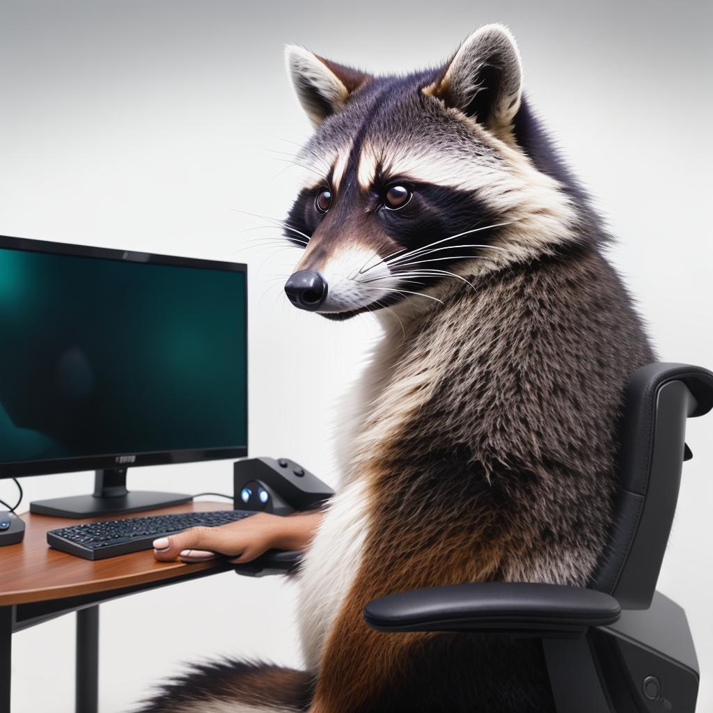  raccoon sitting in gaming chair front a computer on desktop, ((semi anthropomorphic)),(full body), tail, belly, sitting, fat, (chubby), (((white background))), solo, desktop, gaming chair, side view,  [[[clothes]]] hyperrealistic, full body, detailed clothing, highly detailed, cinematic lighting, stunningly beautiful, intricate, sharp focus, f/1. 8, 85mm, (centered image composition), (professionally color graded), ((bright soft diffused light)), volumetric fog, trending on instagram, trending on tumblr, HDR 4K, 8K