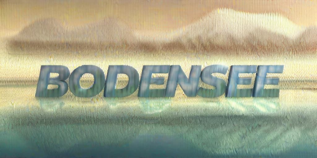 3D bubble lettering of "BODENSEE" floating above a serene lake, mountainous backdrop. Photorealistic style, high resolution rendering. (4k, best quality, masterpiece:1.2), ultrahigh res, ultra detailed