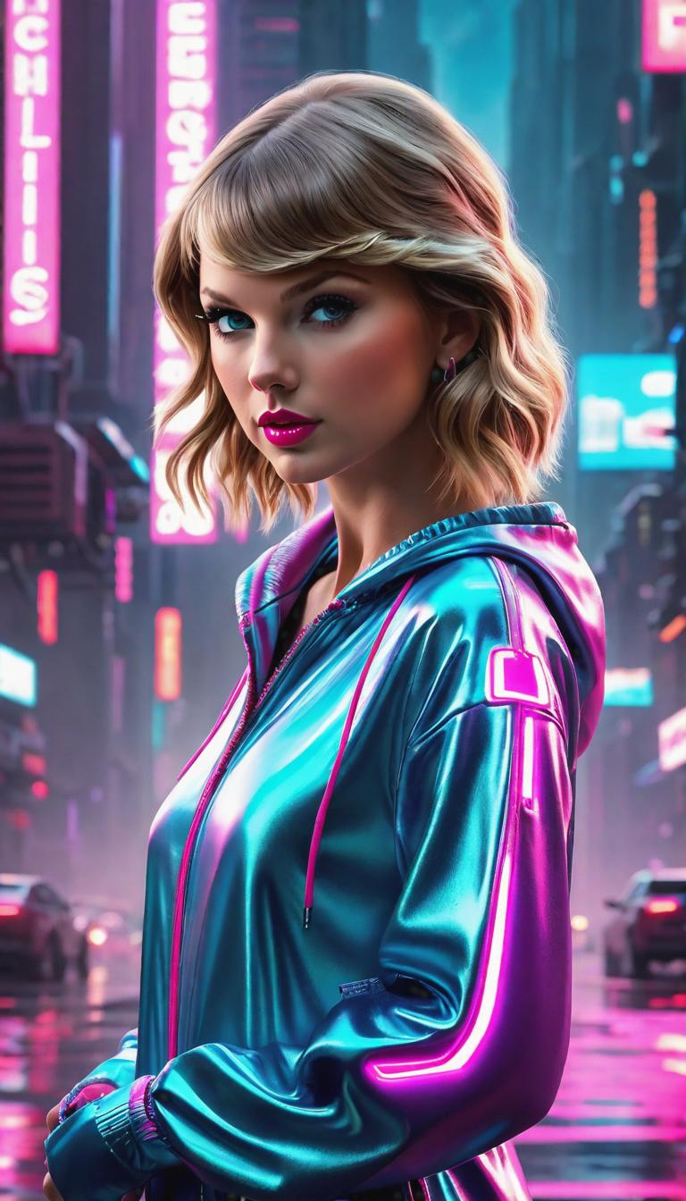  Cyberpunk style depiction of Taylor Swift in onesie pajamas. The scene is set in a world where technology has advanced, but society and human conditions have not, creating a gritty, dystopian atmosphere. hyperrealistic, full body, detailed clothing, highly detailed, cinematic lighting, stunningly beautiful, intricate, sharp focus, f/1. 8, 85mm, (centered image composition), (professionally color graded), ((bright soft diffused light)), volumetric fog, trending on instagram, trending on tumblr, HDR 4K, 8K