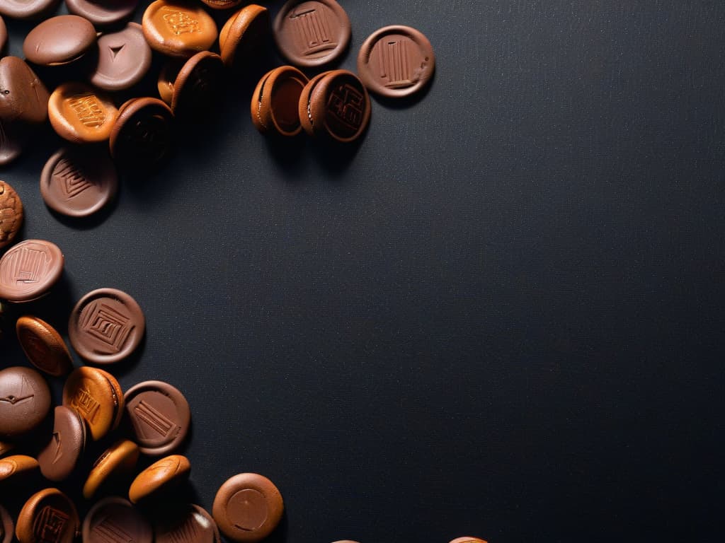  A closeup, ultradetailed image of a variety of premium chocolate chips displayed on a sleek, matte black surface. Each chip is perfectly shaped and has a glossy finish, showcasing the different shades and textures available. The lighting is soft yet highlights the intricate details of each chip, emphasizing their quality and allure. hyperrealistic, full body, detailed clothing, highly detailed, cinematic lighting, stunningly beautiful, intricate, sharp focus, f/1. 8, 85mm, (centered image composition), (professionally color graded), ((bright soft diffused light)), volumetric fog, trending on instagram, trending on tumblr, HDR 4K, 8K