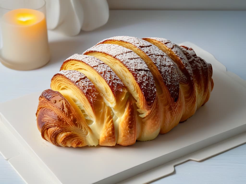  A closeup, ultradetailed image of a perfectly golden crust on a freshly baked croissant, showcasing delicate flaky layers and a glossy sheen. The lighting highlights the intricate textures, inviting viewers to appreciate the craftsmanship of gourmet pastry baking. hyperrealistic, full body, detailed clothing, highly detailed, cinematic lighting, stunningly beautiful, intricate, sharp focus, f/1. 8, 85mm, (centered image composition), (professionally color graded), ((bright soft diffused light)), volumetric fog, trending on instagram, trending on tumblr, HDR 4K, 8K