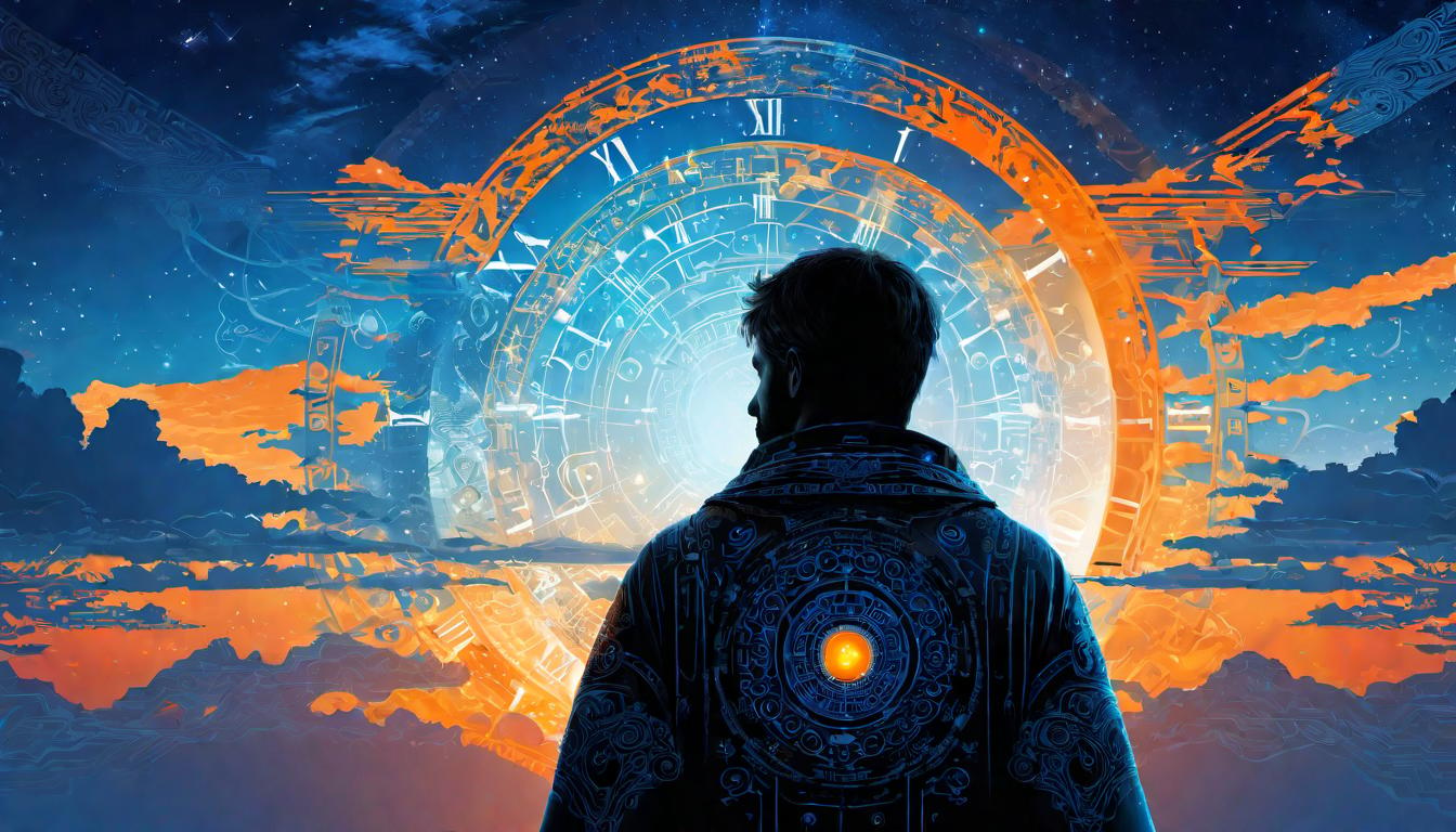  digital illustration A healer, silhouette against a horizon where dawn meets digital cyberspace, ancient symbols and circuit patterns merge in the sky, symbolic of time blending, horizon a mix of vivid oranges and cyberspace blue, duality of wisdom, era of connectivity looking at viewer, dynamic pose, (intricate details, masterpiece, best quality)