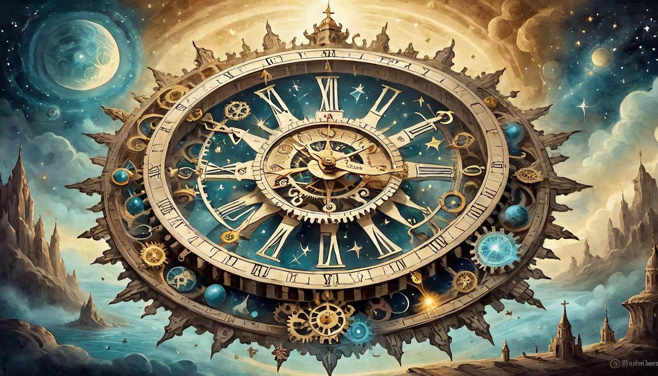  on parchment, surrealism+++, Radiant light beams emanating from a celestial clock, gears interlocking in perfect harmony, cosmic precision, infinite cosmic backdrop, mystical aura, sense of divine timing(mysterious, provocative, symbolic,muted color)+++