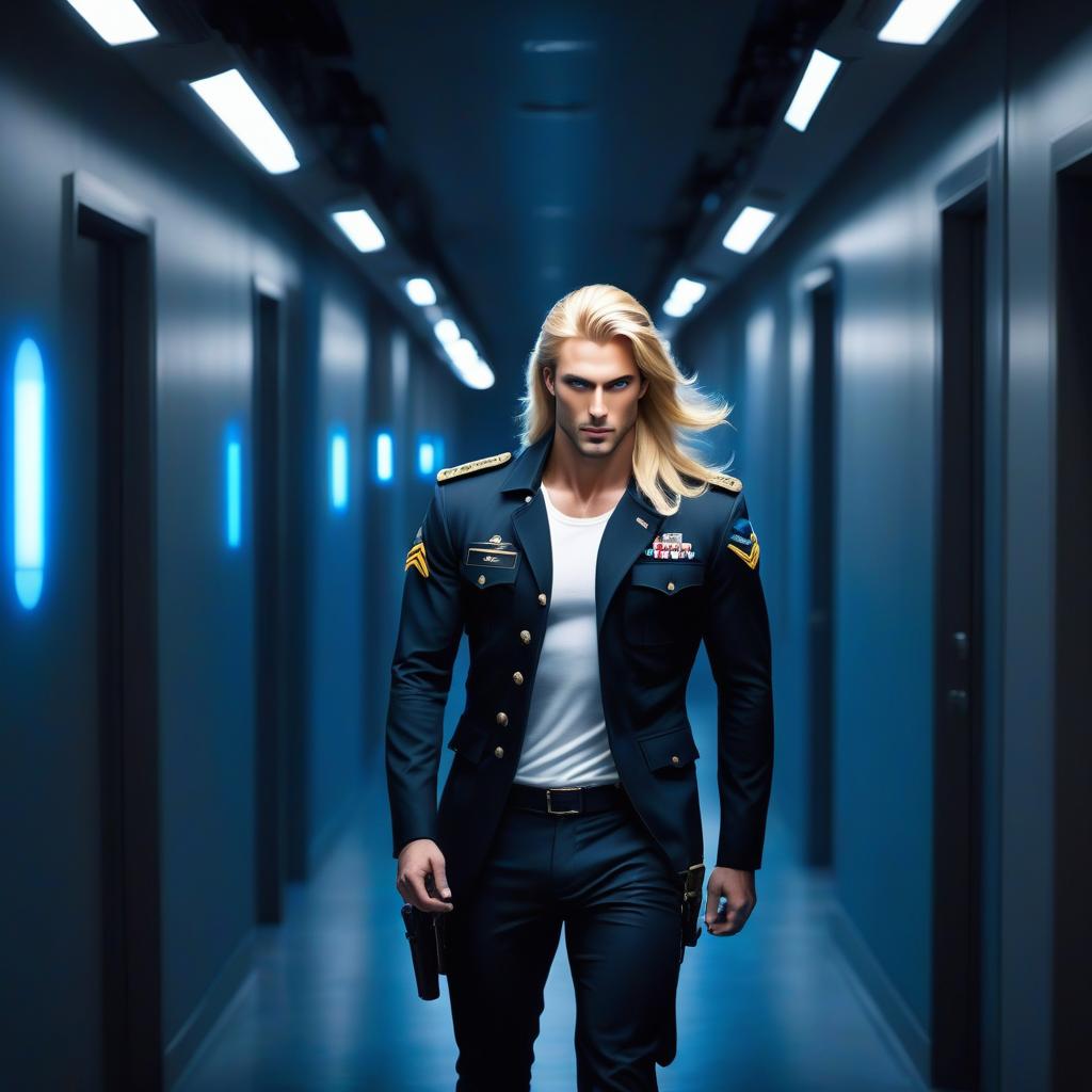  Realistically beautiful man blonde, A man with fox ears, long hair, a man with yellow eyes, and wearing black military pants walks through the corridor lit with blue spotlights, clear focus, distinctly lit eyes, well drawn details, bright and lively eyes, beautiful portrait illustration, portrait in the style of fantasy, blue and white flashes, bright colors, bright eyes, fantasy art, intricate design, highly detailed, clear focus, 8k, high resolution, elegant. hyperrealistic, full body, detailed clothing, highly detailed, cinematic lighting, stunningly beautiful, intricate, sharp focus, f/1. 8, 85mm, (centered image composition), (professionally color graded), ((bright soft diffused light)), volumetric fog, trending on instagram, trending on tumblr, HDR 4K, 8K