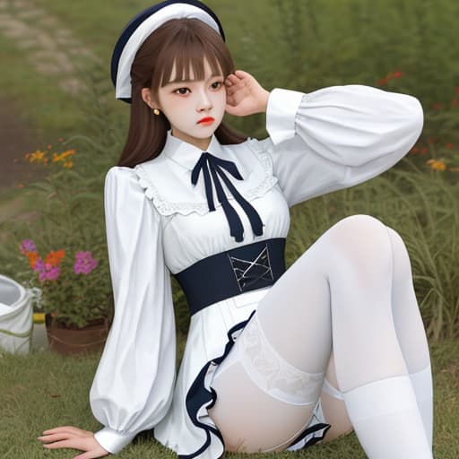  A young lady wearing white stockings with an expression of disdain for untidy clothes