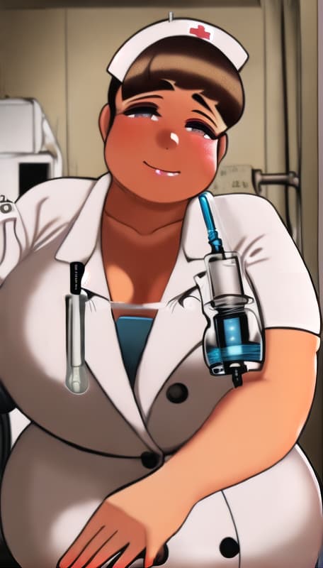  a chubby nurse with a syringe in her hand