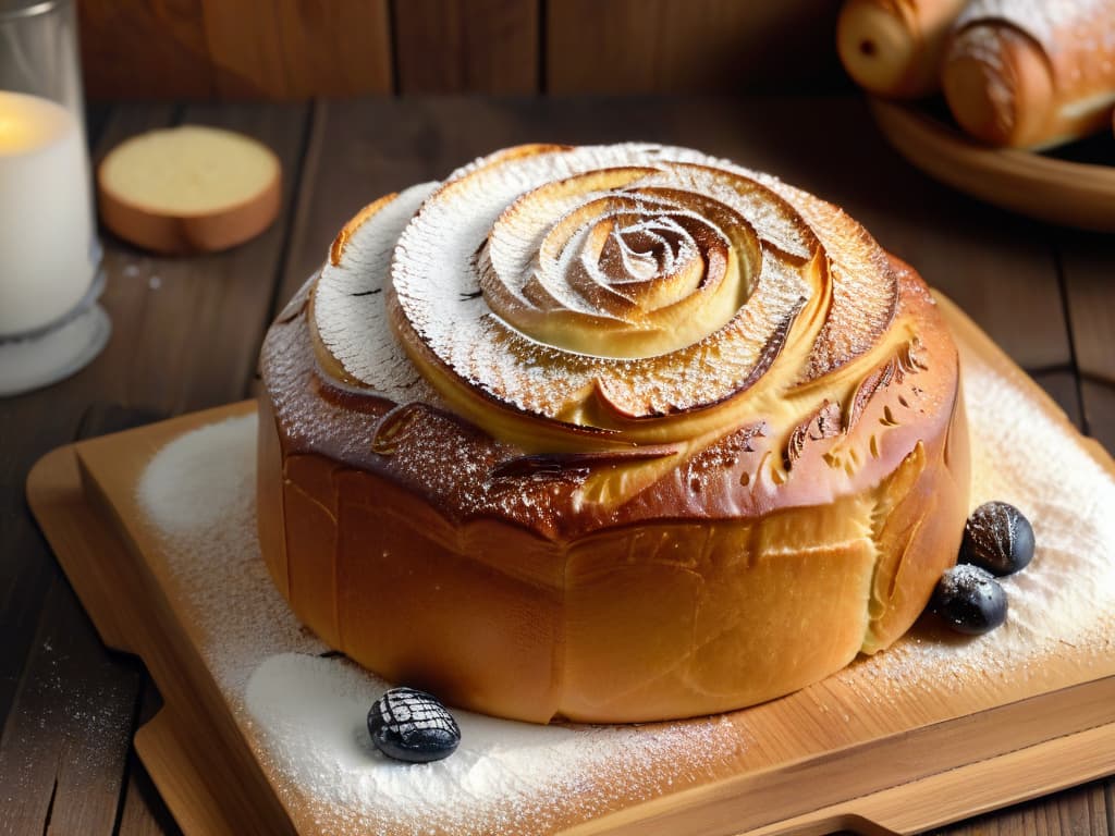  A closeup, ultradetailed image of a freshly baked Kouglof resting on a rustic wooden table, sprinkled with a light dusting of powdered sugar, with delicate swirls of almond flakes adorning its golden, perfectly baked surface. The intricate design of the traditional Kouglof mold is visible, showcasing the intricate patterns that have beautifully transferred onto the cake. The soft natural light streaming in from a nearby window highlights the texture of the bread, revealing its fluffy interior dotted with plump raisins, creating a visually captivating scene that embodies the essence of this iconic Alsatian pastry. hyperrealistic, full body, detailed clothing, highly detailed, cinematic lighting, stunningly beautiful, intricate, sharp focus, f/1. 8, 85mm, (centered image composition), (professionally color graded), ((bright soft diffused light)), volumetric fog, trending on instagram, trending on tumblr, HDR 4K, 8K