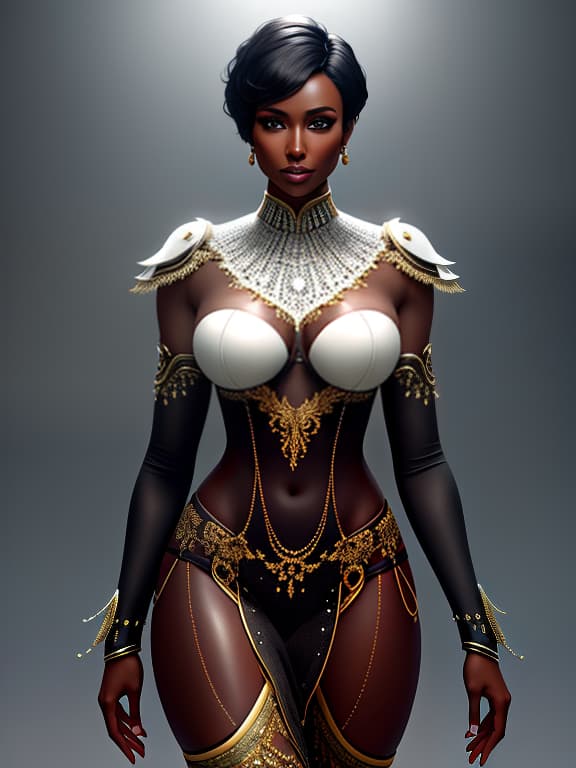  A beautiful dark skinned woman, short hair, small second sized s, a , wide hips, a full length photo on a white background. hyperrealistic, full body, detailed clothing, highly detailed, cinematic lighting, stunningly beautiful, intricate, sharp focus, f/1. 8, 85mm, (centered image composition), (professionally color graded), ((bright soft diffused light)), volumetric fog, trending on instagram, trending on tumblr, HDR 4K, 8K