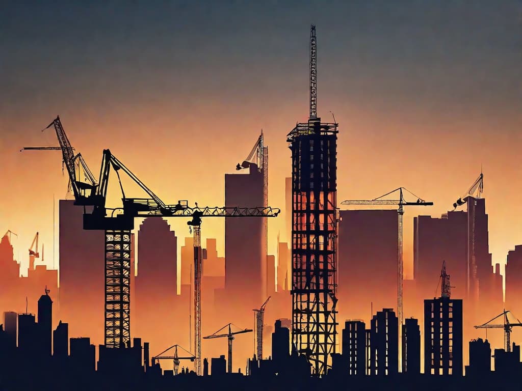  A rising graph overlaid on an image of a city skyline at sunset, with silhouettes of construction cranes, symbolizing economic growth and prosperity in the real estate sector. digital art, ilustration, no flares, clean hyperrealistic, full body, detailed clothing, highly detailed, cinematic lighting, stunningly beautiful, intricate, sharp focus, f/1. 8, 85mm, (centered image composition), (professionally color graded), ((bright soft diffused light)), volumetric fog, trending on instagram, trending on tumblr, HDR 4K, 8K