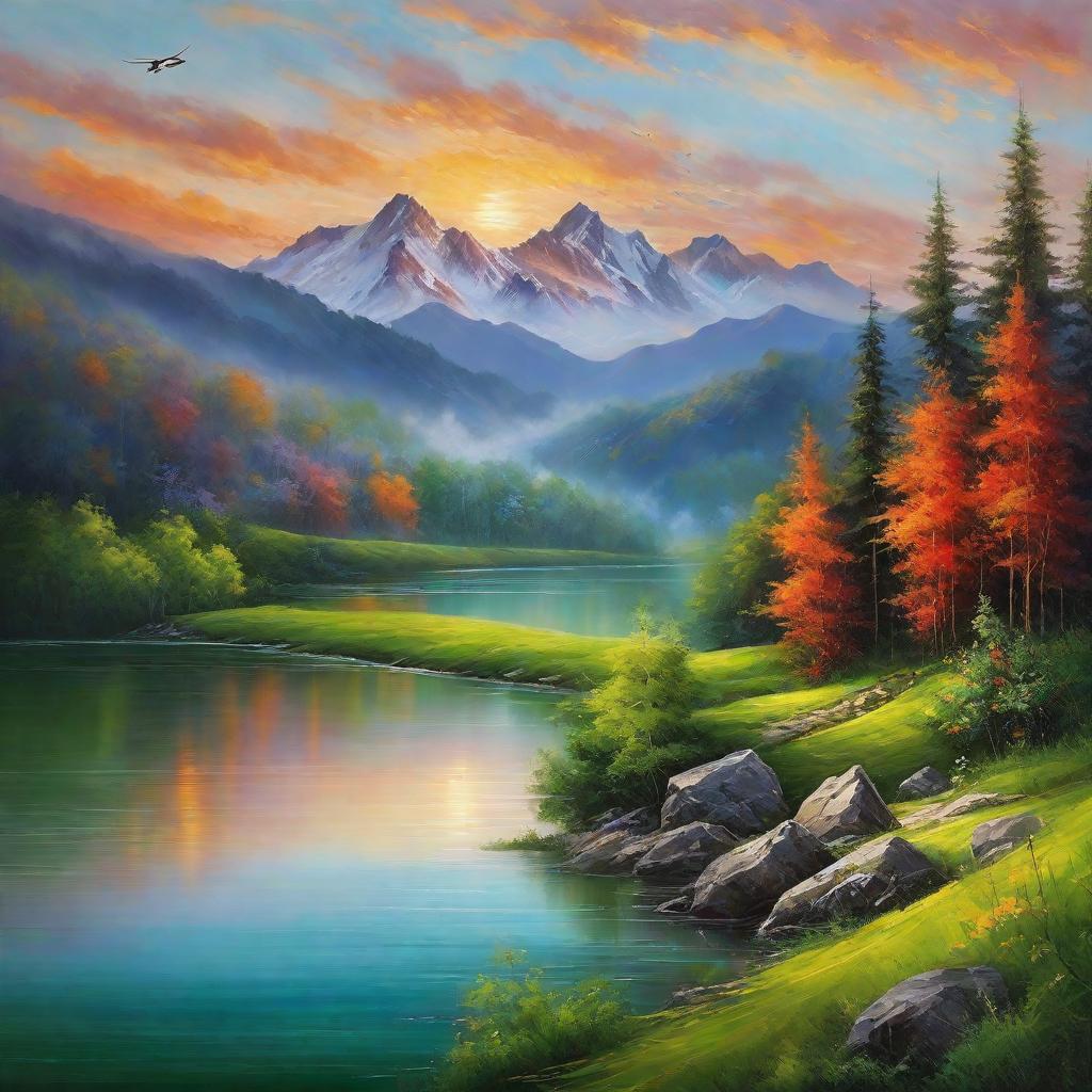  masterpiece, best quality,Of course, enjoy a landscape painting: On the high peaks, green trees cover the ridge like a magnificent green silk. At the foot of the mountain is a lake, rippling blue, reflecting the orange-red sunset in the sky. A clear river flows through the mountains, gently brushing the banks, bringing fresh air. Birds sing from time to time in the forest, as if welcoming this beautiful sunset. The whole picture is full of vitality and tranquility, as if in a harmonious natural world.