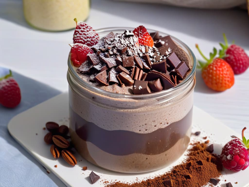  A closeup, ultradetailed image of a small glass jar filled with layers of rich, dark chocolate cacao pudding and creamy chia seed pudding, topped with a sprinkle of cacao nibs and fresh raspberries. The layers are perfectly distinct, showcasing the smooth texture of the chocolate pudding against the gellike chia pudding, all set against a clean, minimalist background that enhances the contrasting colors and textures of the dessert. hyperrealistic, full body, detailed clothing, highly detailed, cinematic lighting, stunningly beautiful, intricate, sharp focus, f/1. 8, 85mm, (centered image composition), (professionally color graded), ((bright soft diffused light)), volumetric fog, trending on instagram, trending on tumblr, HDR 4K, 8K