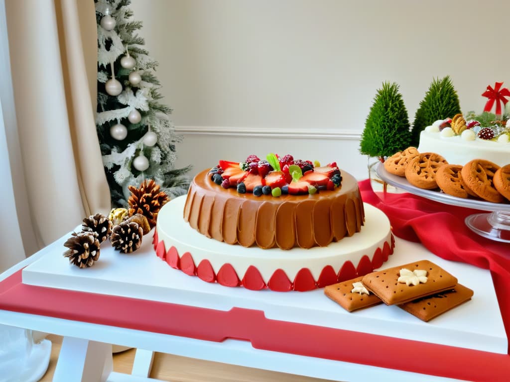  A photorealistic image of a beautifully decorated Christmas dessert table featuring an assortment of sugarfree and diabeticfriendly holiday treats such as gingerbread cookies, fruitcake slices, and cranberry almond biscotti. The table is elegantly set with festive decorations like holly garlands and twinkling lights, creating a warm and inviting holiday ambiance. The desserts are artfully arranged on festive platters and cake stands, showcasing their delicious details and intricate designs. The image captures the joy and indulgence of the holiday season while highlighting the possibility of enjoying sweet treats without compromising health. hyperrealistic, full body, detailed clothing, highly detailed, cinematic lighting, stunningly beautiful, intricate, sharp focus, f/1. 8, 85mm, (centered image composition), (professionally color graded), ((bright soft diffused light)), volumetric fog, trending on instagram, trending on tumblr, HDR 4K, 8K