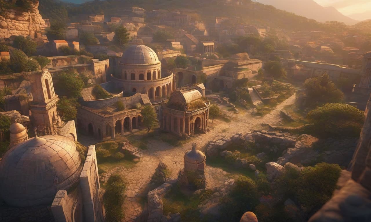  Vector image, 2D image, 2K image, bird's eye view of a city, sunset on the horizon, sun at the center of the frame, League of Legends, background Rune Wars, ancient stone city, and solstice, ancient Rome, stone houses, huge empty arena. hyperrealistic, full body, detailed clothing, highly detailed, cinematic lighting, stunningly beautiful, intricate, sharp focus, f/1. 8, 85mm, (centered image composition), (professionally color graded), ((bright soft diffused light)), volumetric fog, trending on instagram, trending on tumblr, HDR 4K, 8K