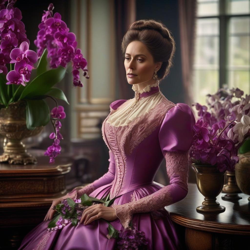  Victorian beauty in grief beautiful dress with a bunch of violets 1870s bouquet on the table orchids pink hyperrealistic, full body, detailed clothing, highly detailed, cinematic lighting, stunningly beautiful, intricate, sharp focus, f/1. 8, 85mm, (centered image composition), (professionally color graded), ((bright soft diffused light)), volumetric fog, trending on instagram, trending on tumblr, HDR 4K, 8K