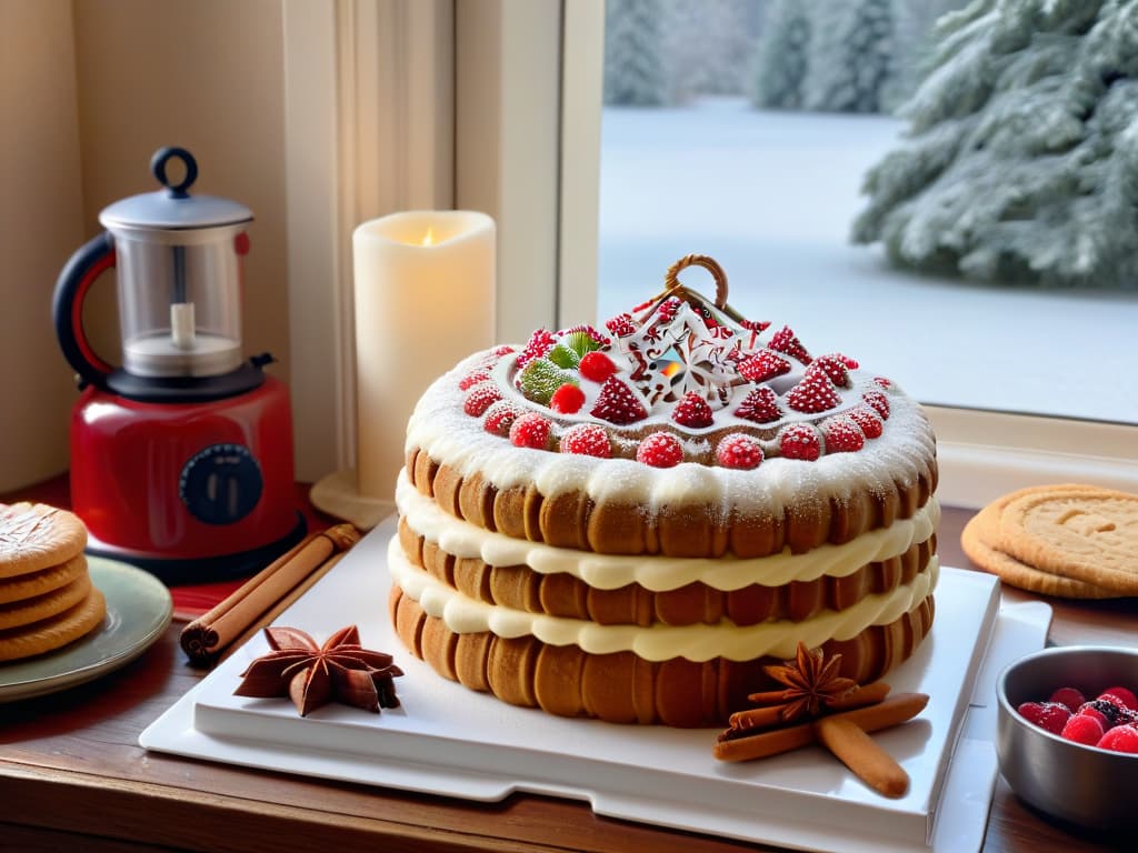  An ultradetailed image of a cozy kitchen filled with winter decorations, featuring a marble countertop adorned with a spread of beautifully crafted winter desserts such as snowflakeshaped cookies, gingerbread houses, and cranberrystudded cakes. The scene is illuminated by soft natural light filtering through frosted windows, casting a warm glow over the inviting space. A kettle on the stove steams gently, and a handwritten recipe for a traditional winter treat is propped up against a stack of vintage cookbooks. The overall aesthetic is a harmonious blend of rustic charm and elegant simplicity, perfect for inspiring readers to create their own festive desserts. hyperrealistic, full body, detailed clothing, highly detailed, cinematic lighting, stunningly beautiful, intricate, sharp focus, f/1. 8, 85mm, (centered image composition), (professionally color graded), ((bright soft diffused light)), volumetric fog, trending on instagram, trending on tumblr, HDR 4K, 8K