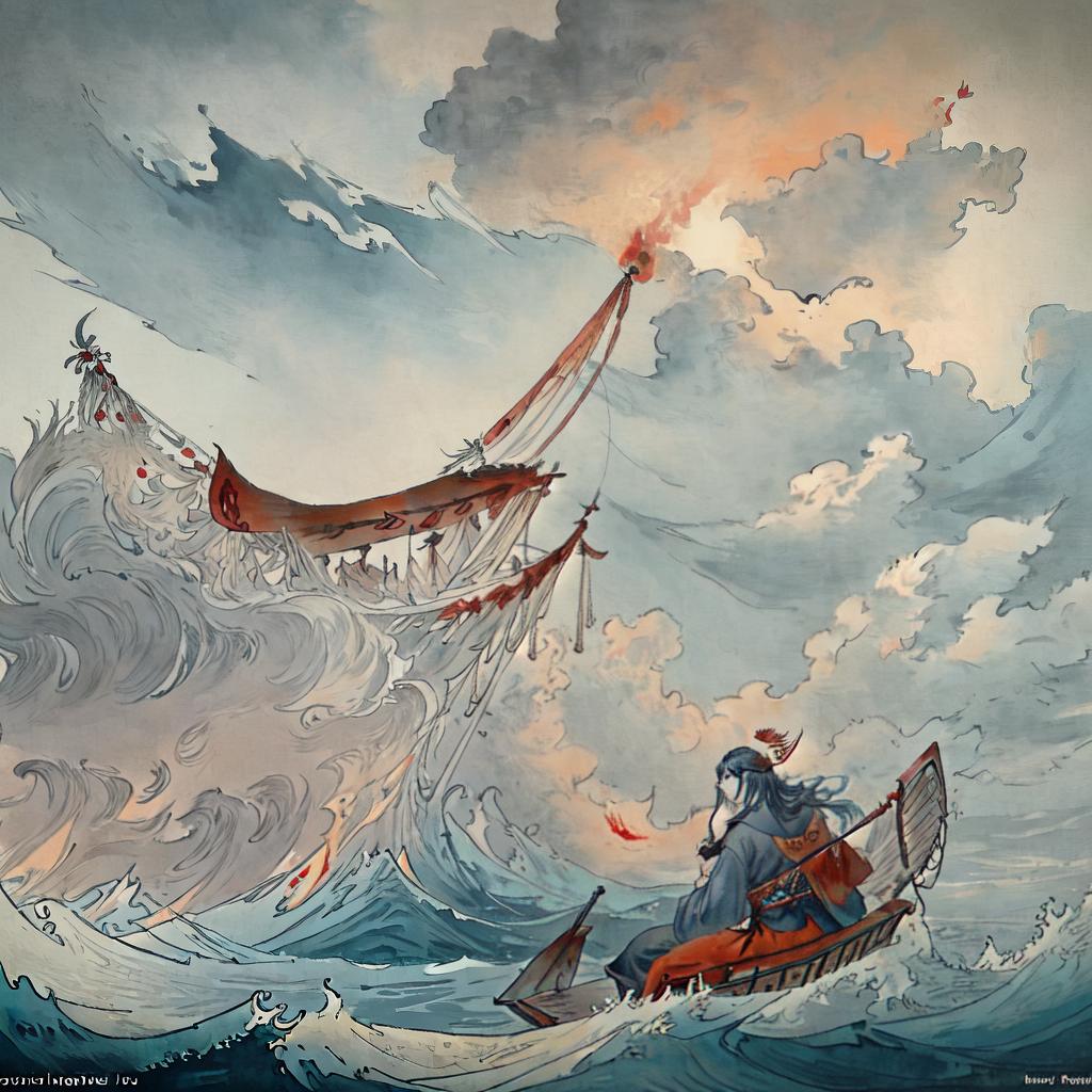  ((masterpiece)),(((best quality))), 8k, high detailed, ultra-detailed. A dramatic depiction of Ogou Feray, with survivors on a raft in a tumultuous sea. Emphasize despair, exhaustion, and a stormy sky. Dark, earthy tones with Romantic style, highlighting the human struggle and emotional intensity. Crisp and realistic painting. The main subject of the scene is Ogou Feray (a powerful Vodou spirit) standing on a raft amidst a tumultuous sea. The survivors on the raft are shown in various states of despair and exhaustion. The stormy sky above adds to the sense of turmoil and danger. The main elements of the scene include Ogou Feray ((wearing a red and blue ceremonial outfit)), survivors, a raft, a tumultuous sea, a stormy sky, dark and earthy t hyperrealistic, full body, detailed clothing, highly detailed, cinematic lighting, stunningly beautiful, intricate, sharp focus, f/1. 8, 85mm, (centered image composition), (professionally color graded), ((bright soft diffused light)), volumetric fog, trending on instagram, trending on tumblr, HDR 4K, 8K