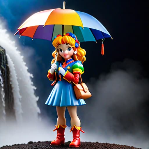  highly detailed clay model of Rainbow Brite holding an umbrella diorama hyperrealistic, full body, detailed clothing, highly detailed, cinematic lighting, stunningly beautiful, intricate, sharp focus, f/1. 8, 85mm, (centered image composition), (professionally color graded), ((bright soft diffused light)), volumetric fog, trending on instagram, trending on tumblr, HDR 4K, 8K