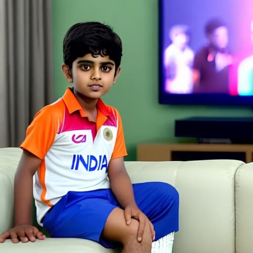  Boy watching india cricket match on TV wearing india team jersey of number 7